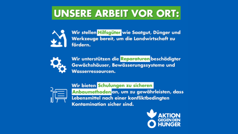 Infografik: Unsere Arbeit in Gaza: Wir stellen Saatgut, Dünger und Werkzeuge bereit, helfen bei Reparaturen und bieten Schulungen zu Anbaumethoden an.