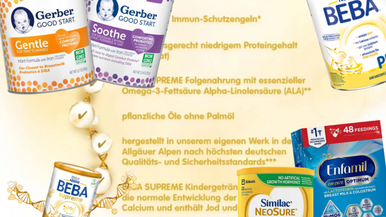 Werbeversprechen von Babymilchanbietern in einer Collage: Viele dieser augenscheinlich wissenschaftlichen Versprechen lassen sich gar nicht belegen. Werbeversprechen von Babymilchanbietern in einer Collage: Viele dieser augenscheinlich wissenschaftlichen Versprechen lassen sich gar nicht belegen.