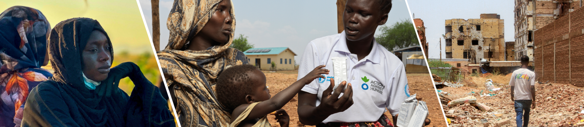 Collage: links eine nachdenklich und traurig schauende Frau aus dem Sudan, mittig eine Mitarbeiterin von Aktion gegen den Hunger, die mit einer Mutter und ihrem Kind über Therapienahrung spricht, rechts ein Mann im zerstörten Khartoum.