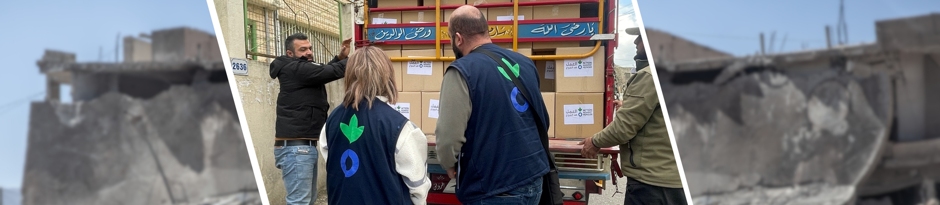 Collage: Mitarbeitende von Aktion gegen den Hunger im Libanon entladen Nothilfe-Pakete / zerstörte Gebäude