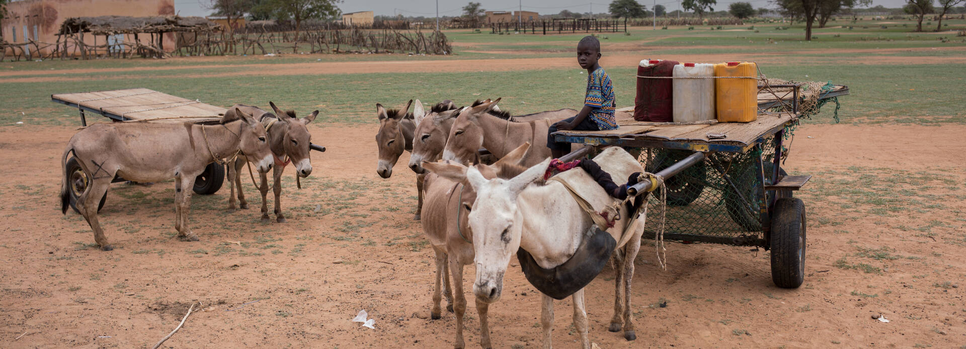 Junge in Senegal sitzt auf einem Karren.