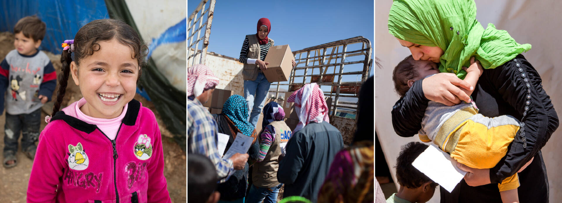 Familien, vor allem Kinder, weltweit sind auf humanitäre Hilfe angewiesen – auch der Ramadan ist ein guter Zeitpunkt zu helfen Links ein lachendes Mädchen, in der Mitte werden Hilfsgüter verteilt, rechts eine Mutter in grünem Tuch, die ihr Kleinkind schützend im Arm hält.