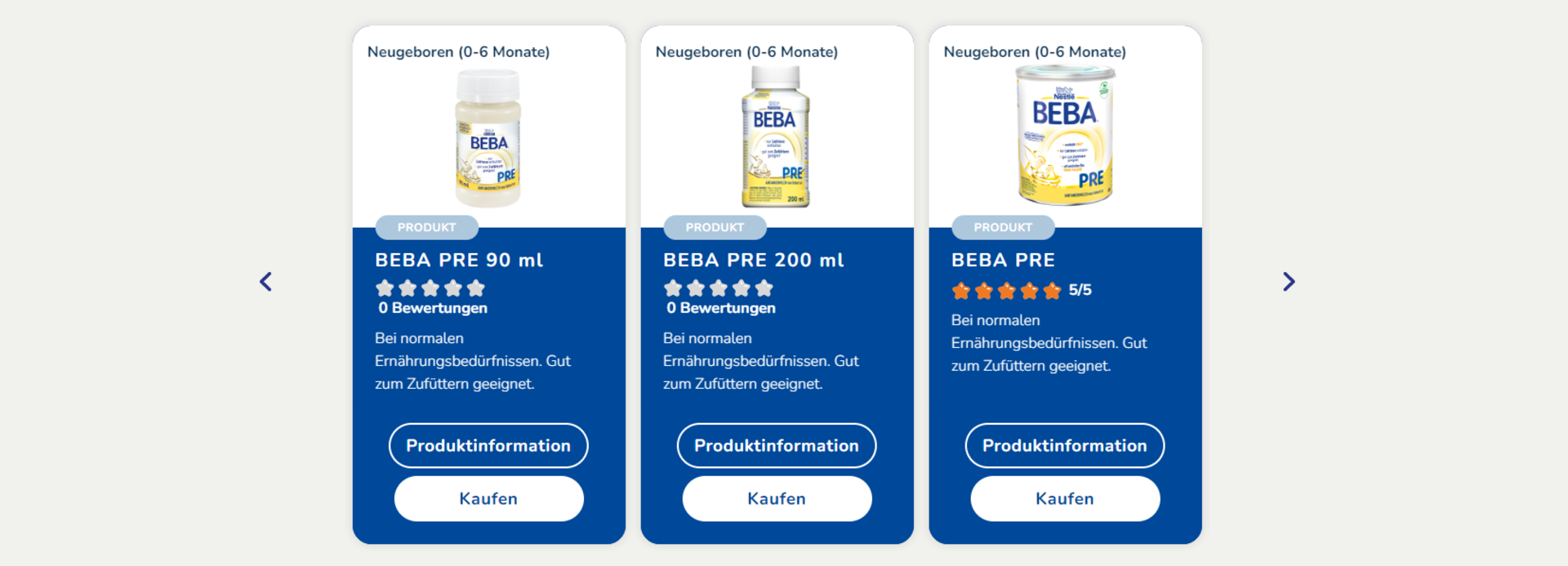 Beba Pre Milch: Drei Produkte werden auf der Website von Nestlé Beba vorgestellt Beba Pre Milch: Drei Produkte werden auf der Website von Nestlé Beba vorgestellt