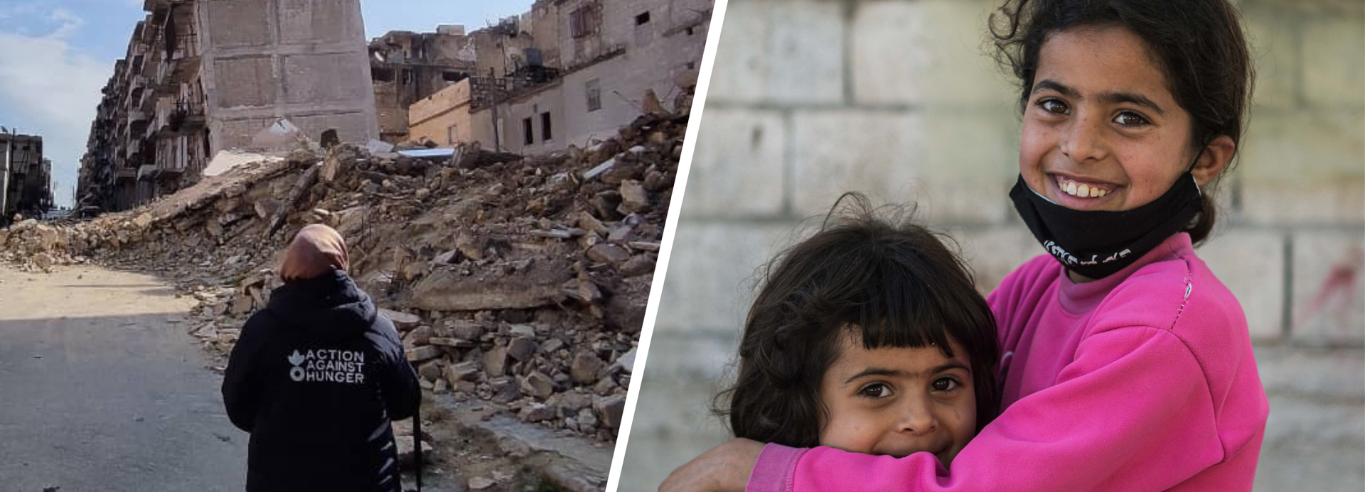 Links eine Mitarbeiterin von Aktion gegen den Hunger in einer zerstörten Straße, rechts zwei syrische Kinder, die sich umarmen und in die Kamera lächeln. 