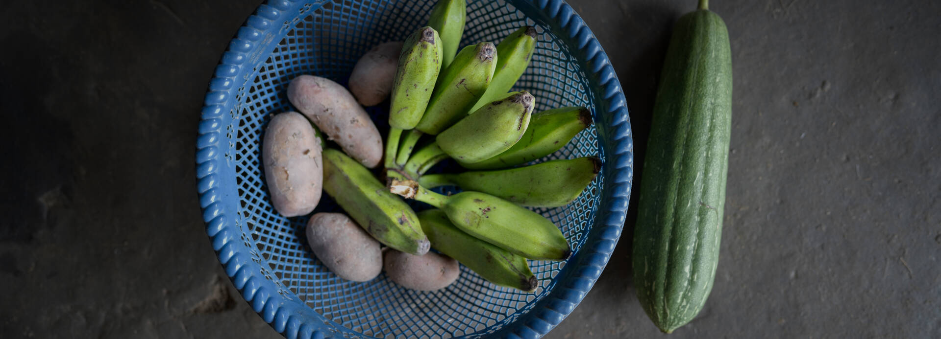 Kochbananen, Süßkartoffeln und eine Zucchini aus dem Gemüsegarten von Sarasati in Bangladesch. 