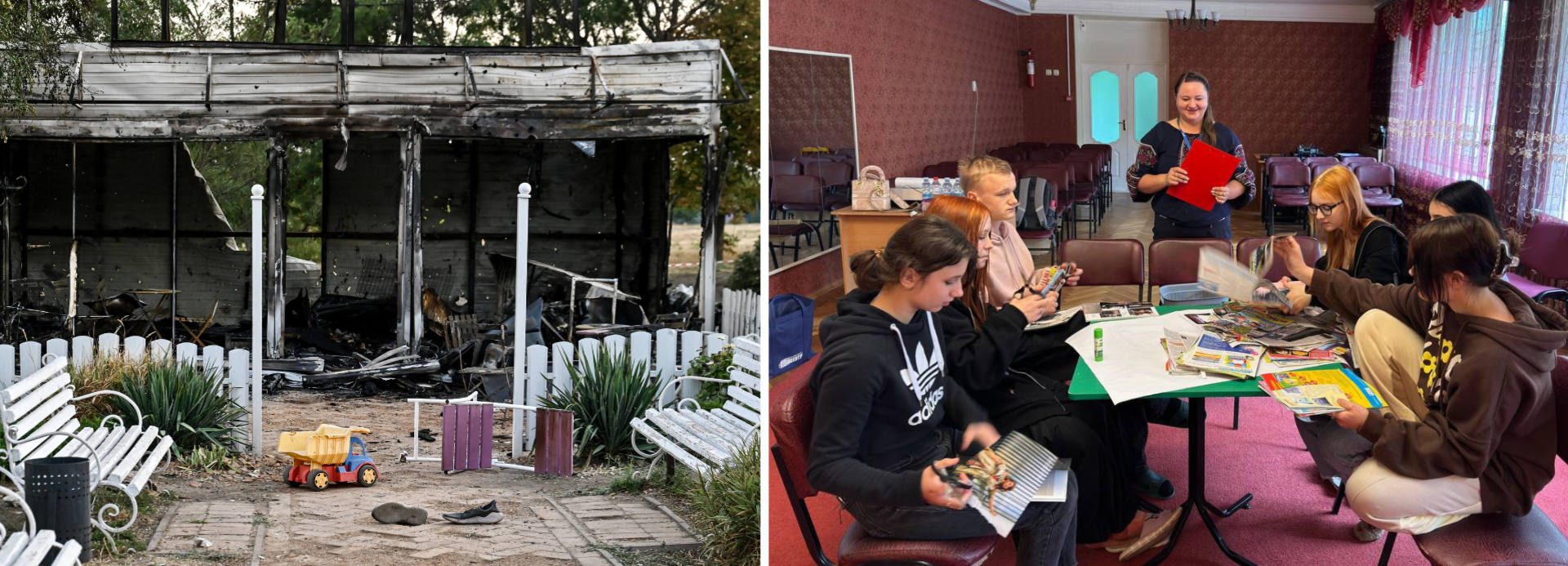Links ein zerstörtes Kindercafé in Saporischschja, rechts eine Jugendgruppe in Kharkiv beim Basteln.
