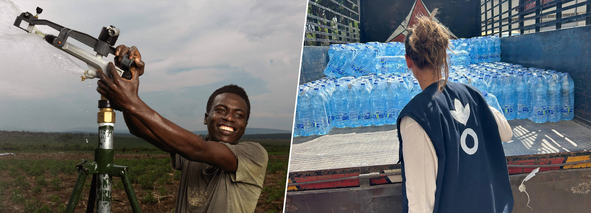 Links im Bild ist ein Landwirt in Ugana zu sehen, der ein Bewässerungssystem justiert. Rechts im Bild ist eine lokale Mitarbeiterin zu sehen, die Wasserflaschen auf eine Ladefläche hebt.
