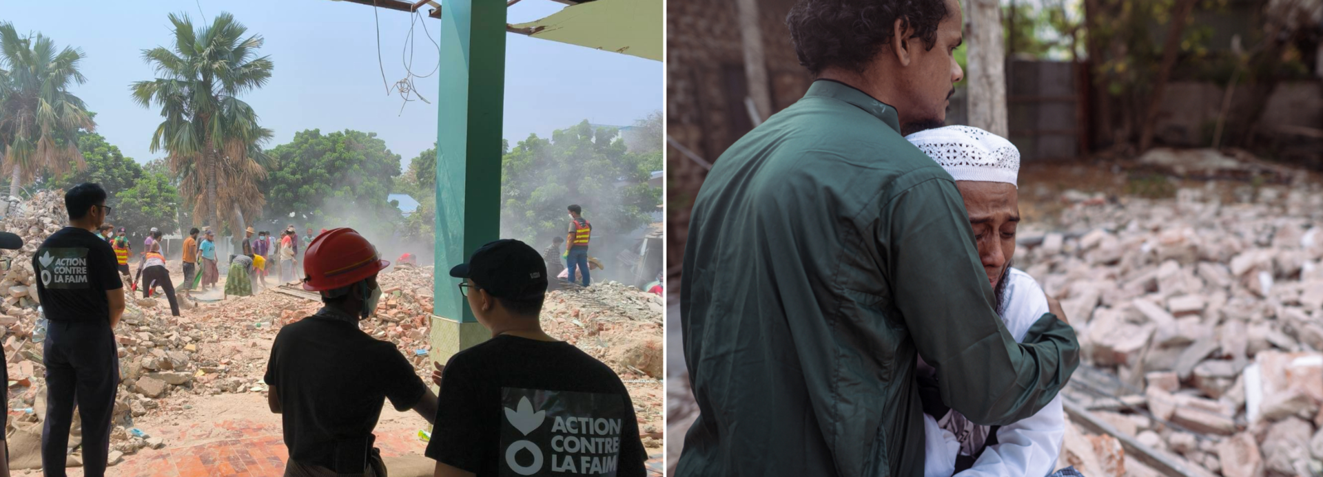 Links: Mitarbeitende von Aktion gegen den Hunger im Erdbebengebiet in Myanmar; rechts zwei Männer, die sich in den Trümmern Halt geben.