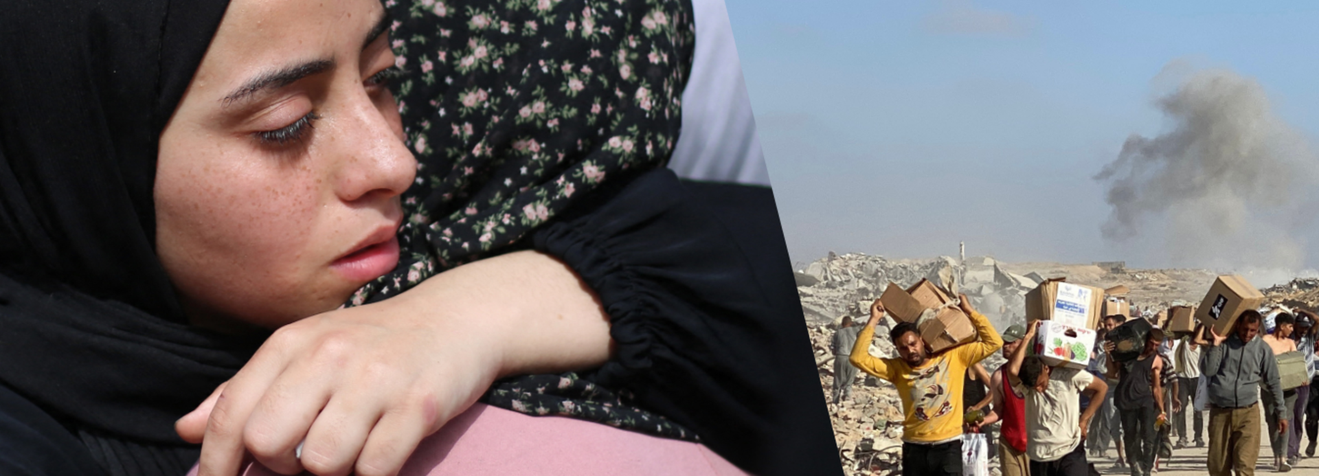 Collage, links: Zwei Frauen umarmen sich in Trauer. Rechts: Menschen tragen Hilfsgüter über eine staubige Straße, im Hintergrund eine Rauchwolke.