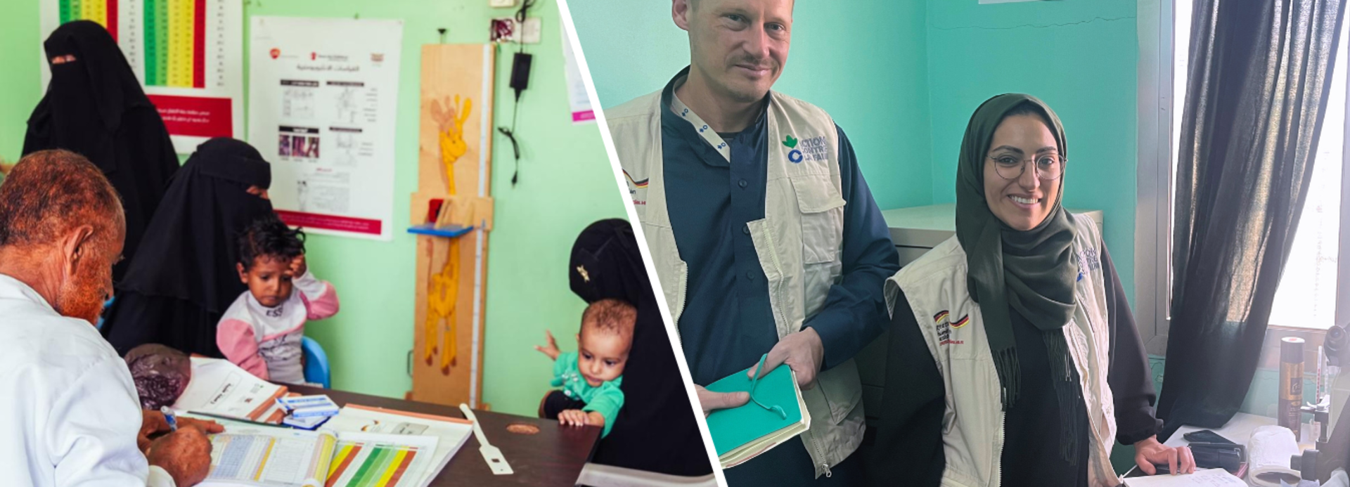 Collage, links: Jemenitische Frauen mit Kindern sitzen bei der Anamnese in einem Gesundheitszentrum. Rechts: Unsere Kollegen Arne und Farah bei einem Besuch im Gesundheitszentrum