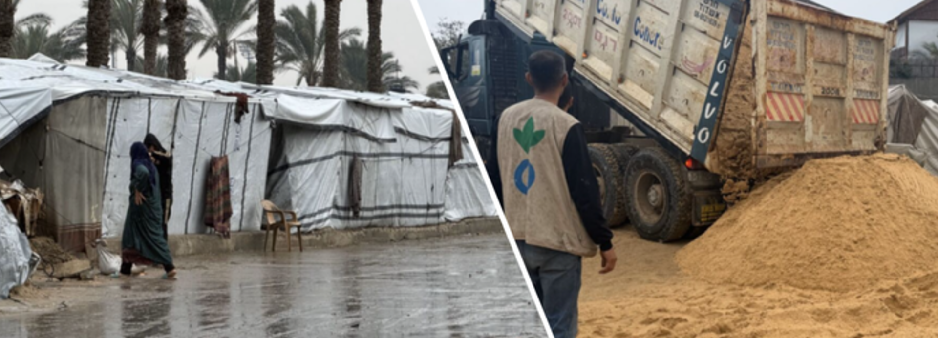 Überschwemmungen in Gaza: Wir unterstützen u.a. mit Sand zum Schutz der Zelte.