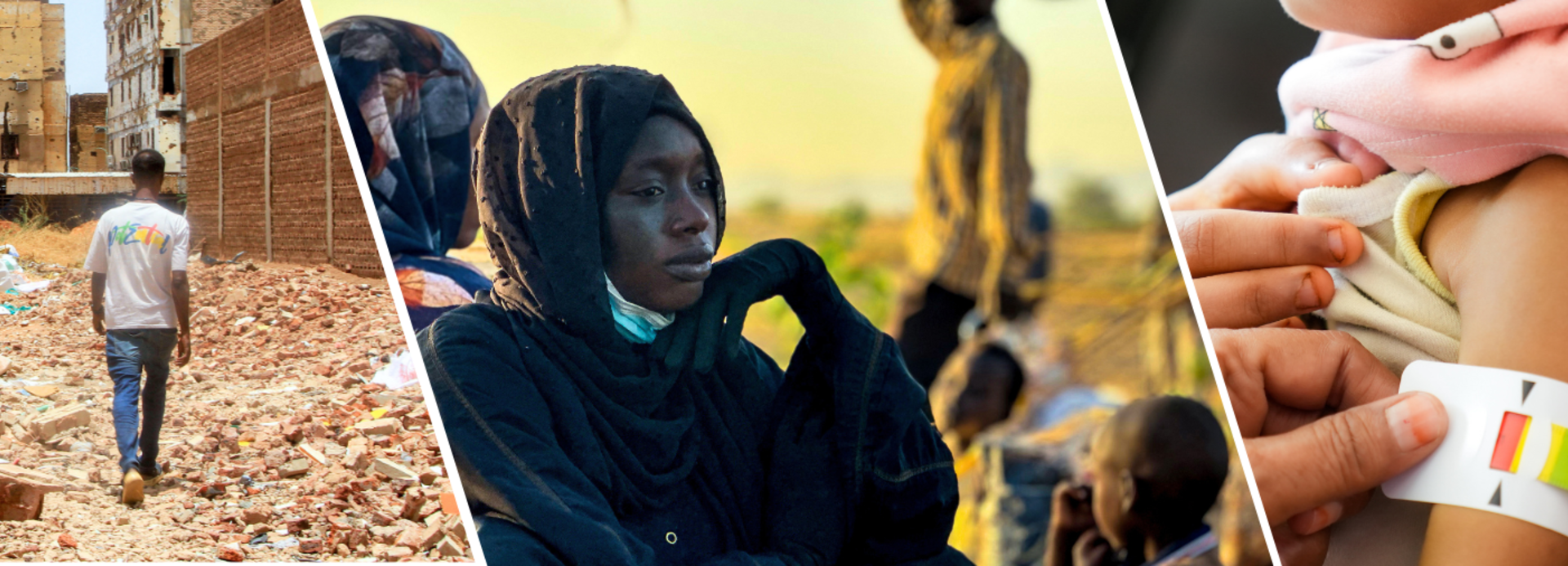 Collage: Links Zerstörung im Sudan, mittig eine Frau aus dem Tschad, rechts wird der Arm eines Kindes aus Gaza mit einem MUAC-Band gemessen und zeigt rot..