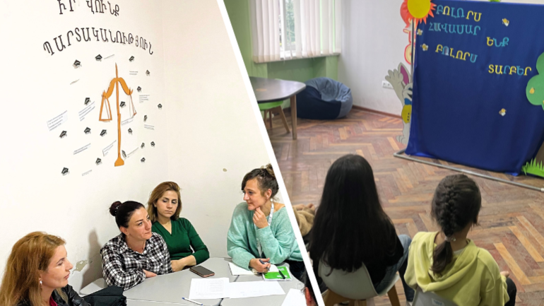 Collage aus Bildern, die teilnehmende Eltern und Kinder an einem Hilfsprogramm in Goris zeigen