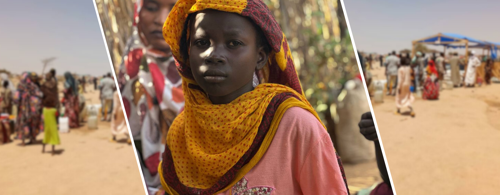 Ein Kind aus dem Sudan, im Hintergrund Bilder von einer Ausgabe mit frischem Wasser