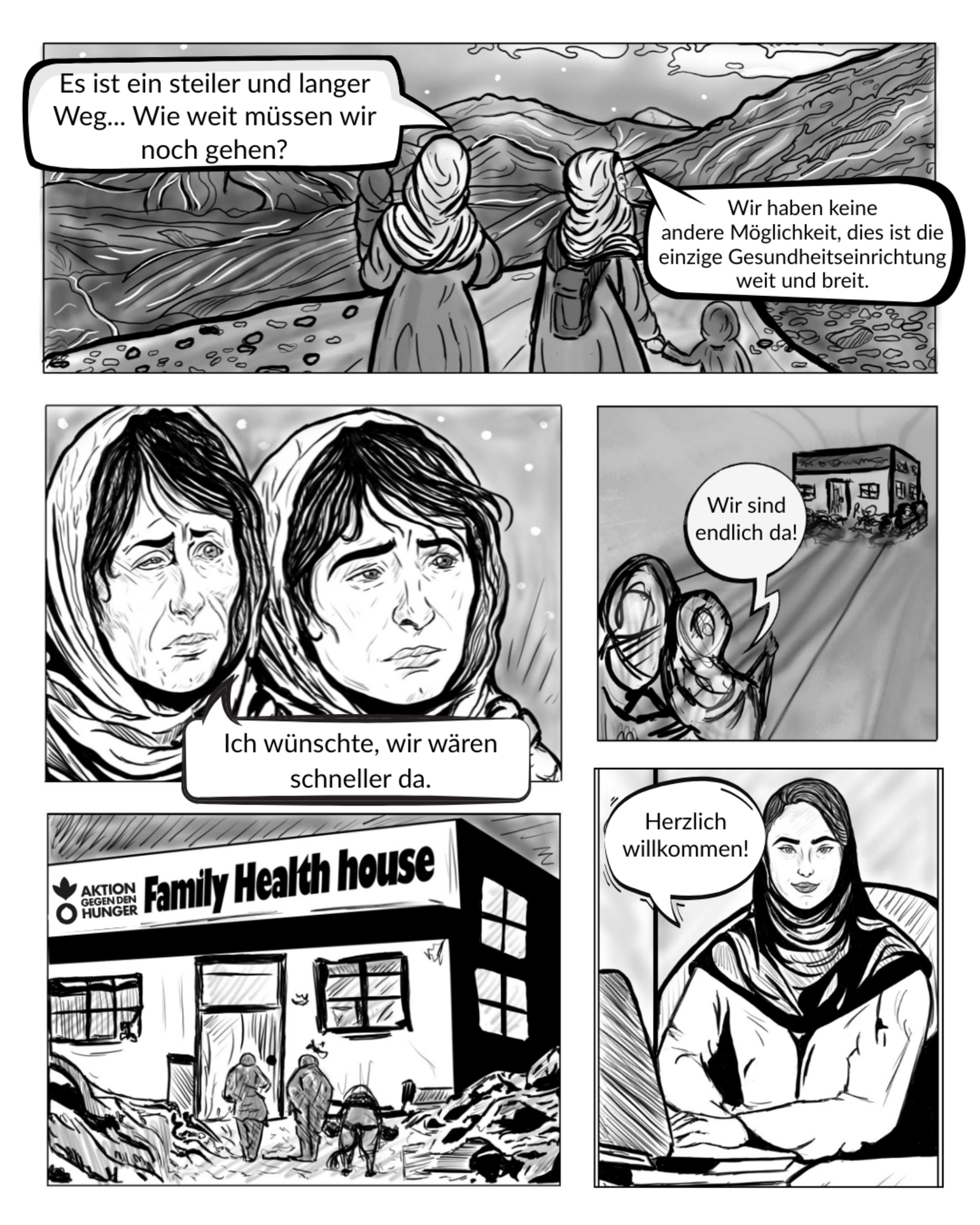 Afghanistan-Comic Bild 1: Zwei Frauen bringen ihre Kinder in eine Ernährungsklinik