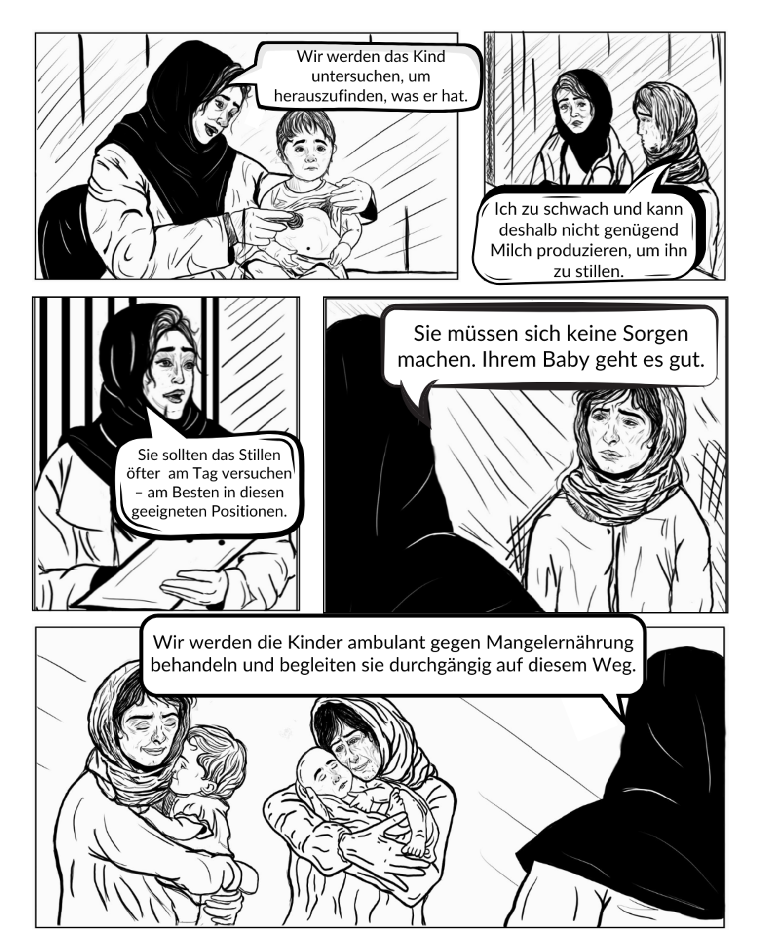 Afghanistan Comic 3: Die Ärztin untersucht und behandelt die Kinder und beruhigt die Frauen.
