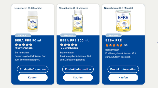 Beba Pre Milch: Drei Produkte werden auf der Website von Nestlé Beba vorgestellt Beba Pre Milch: Drei Produkte werden auf der Website von Nestlé Beba vorgestellt