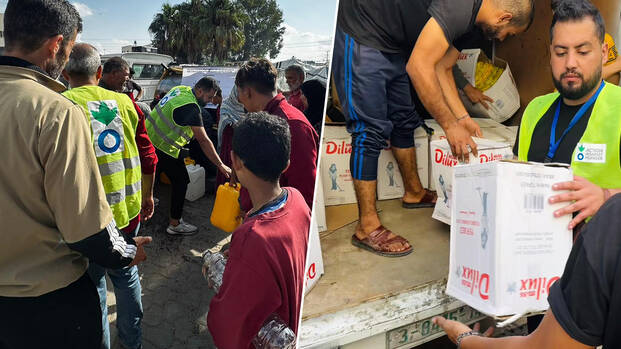 Wir setzen alles daran, die Menschen mit dem Notwendigsten zu versorgen. Unsere Teams verteilen Trinkwasser an die notleidende Bevölkerung.
