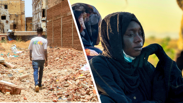 Collage: Links Zerstörung im Sudan, mittig eine Frau aus dem Tschad, rechts wird der Arm eines Kindes aus Gaza mit einem MUAC-Band gemessen und zeigt rot..
